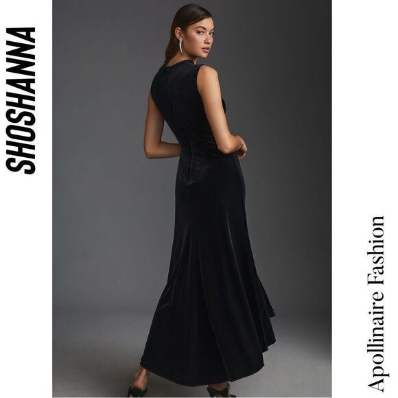SHOSHANNA FOR ANTHROPOLOGIE RUCHED ASYMMETRICAL BLACK VELVET GOWN NWT SIZE 8 - Picture 5 of 9